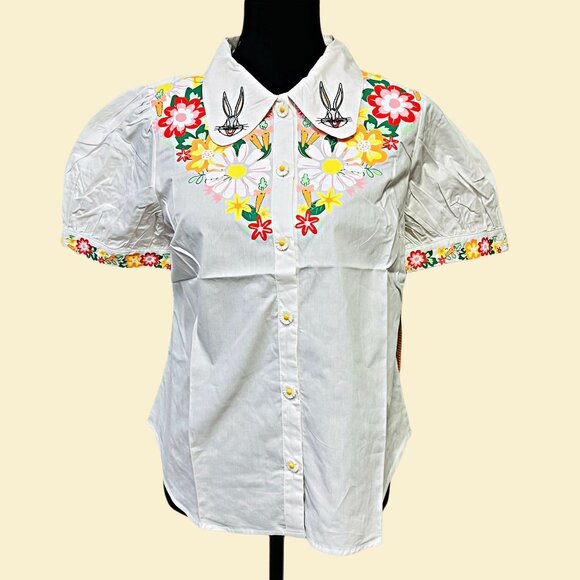 Looney Tunes x Unique Vintage Bugs Bunny Blouse Button Up Embroidered Floral Top - Picture 2 of 12